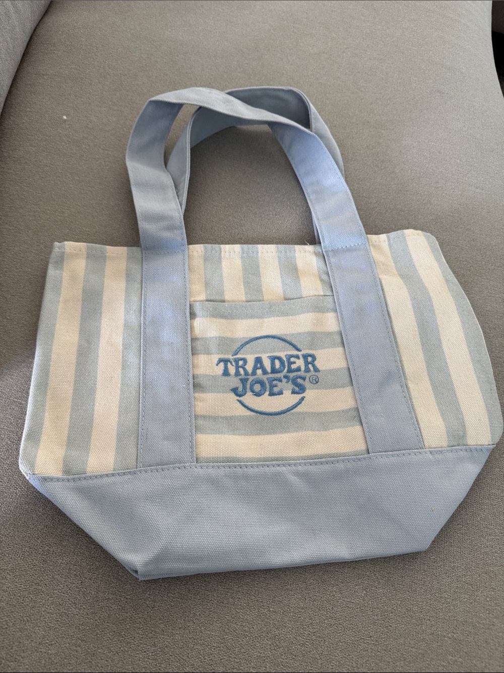 Trader Joe's mini Light Blue and Cream Stripe Canvas Tote